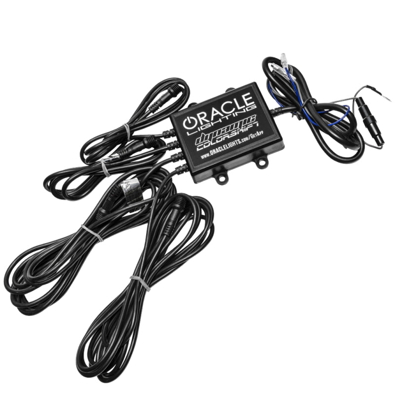 Oracle 7in High Powered LED Headlights with black bezel, showcasing dynamic color features and rugged design for Jeep Wrangler and off-road vehicles.