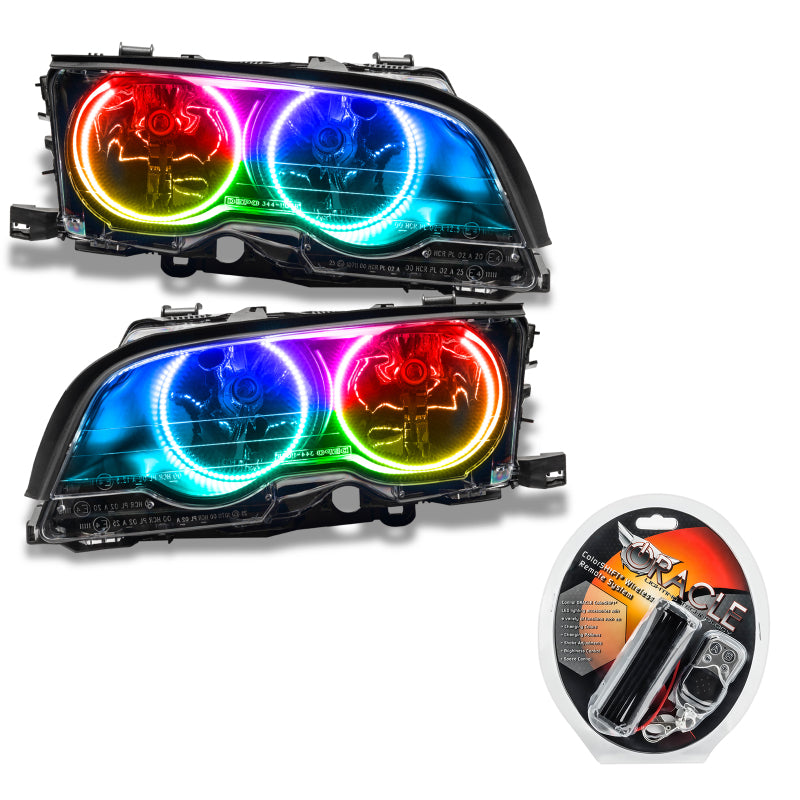 Oracle pre-assembled Halogen headlights for 99-01 BMW 3 Series Coupe with ColorSHIFT technology, showcasing Chrome and Black housing options.