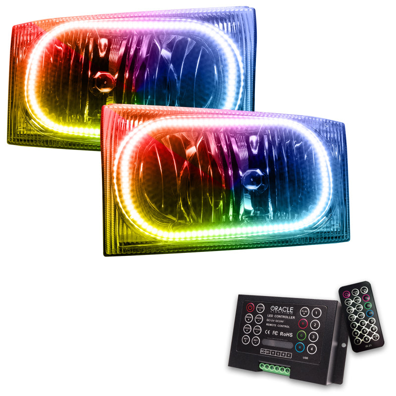 Oracle 99-04 Ford F250 LED headlights with ColorSHIFT halo rings, showcasing chrome and black housing options.