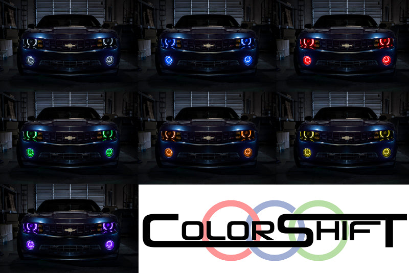Oracle Chevrolet Camaro RS 10-13 ColorSHIFT Halo Kit showcasing vibrant LED rings for customizable vehicle lighting.