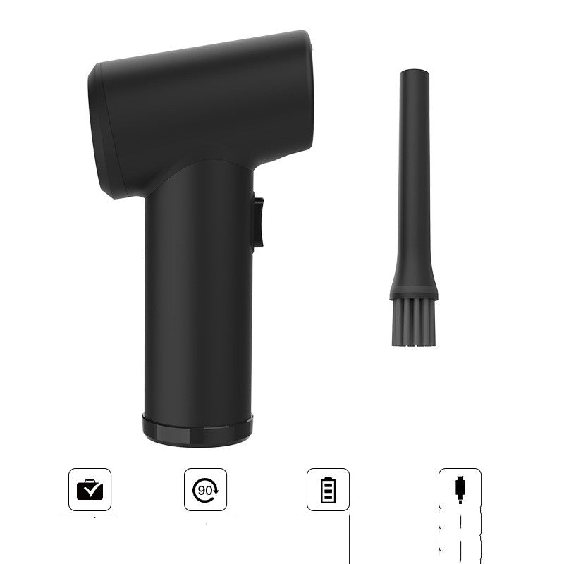Portable Electric Wireless Dust Blower in black, designed for cleaning cars and home electronics, includes a brush and data cable.