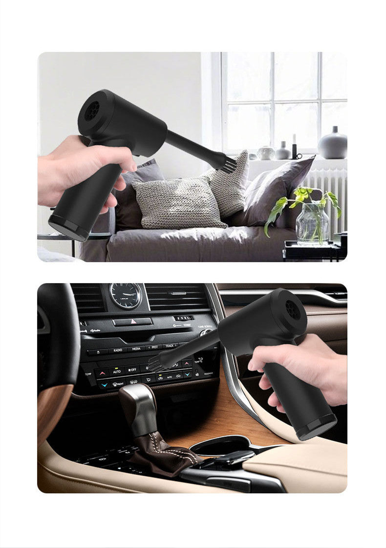 Portable Electric Wireless Dust Blower in black, designed for cleaning cars and home electronics, includes a brush and data cable.