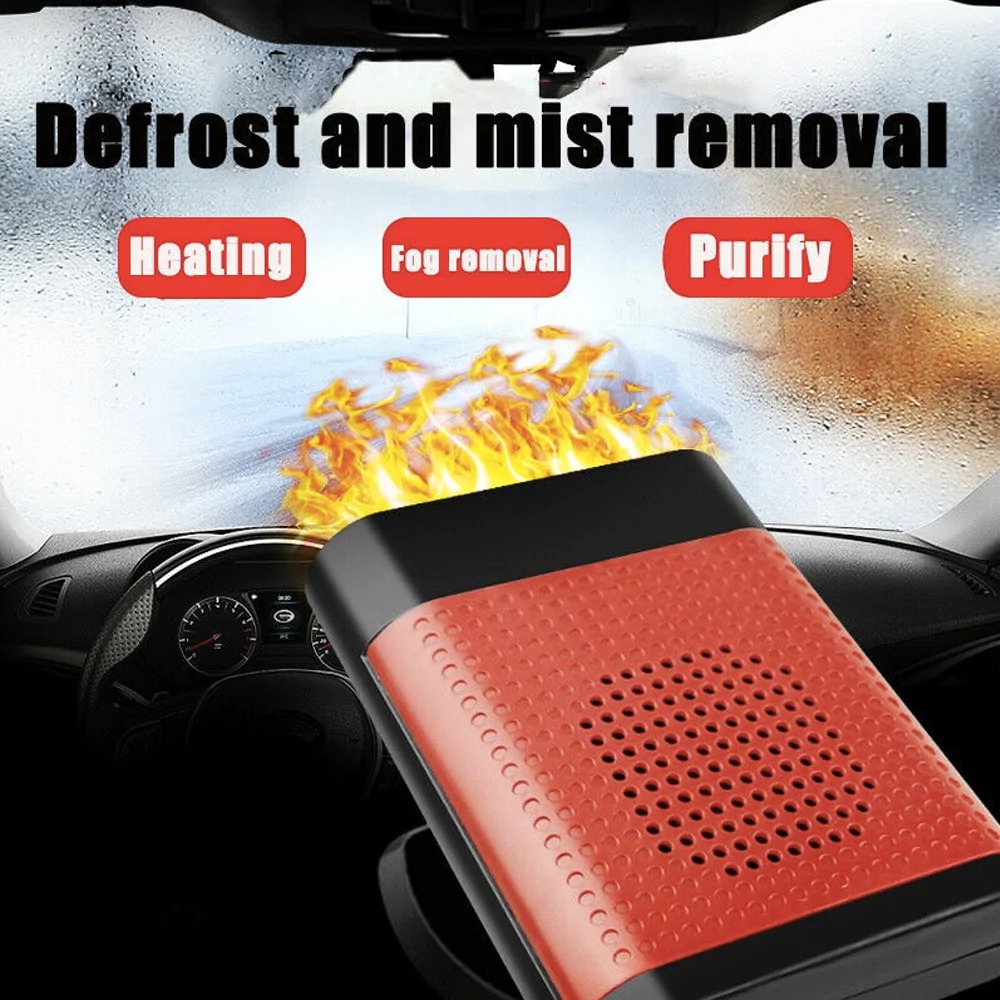 Powerful Car Heater and Fan Defroster 500W in red and black, designed for quick windshield defrosting and air purification.