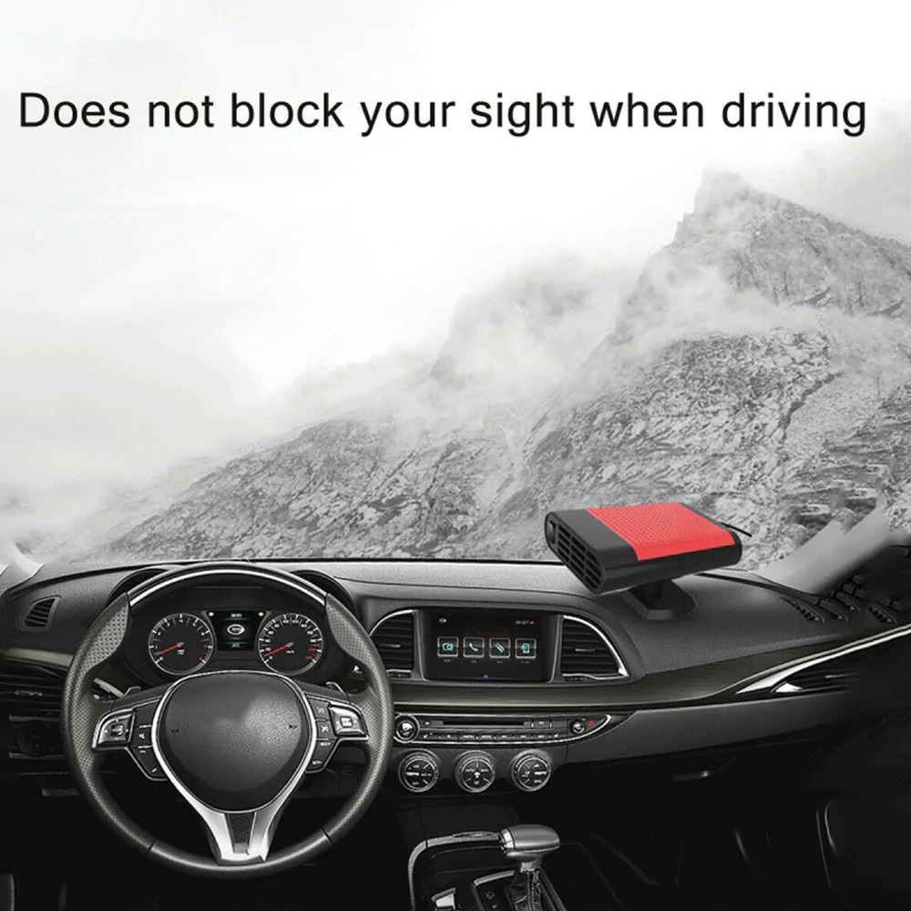 Powerful Car Heater and Fan Defroster 500W in red and black, designed for quick windshield defrosting and air purification.