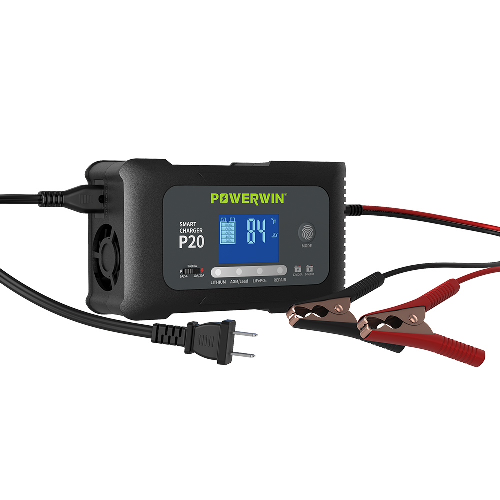 POWERWIN Smart Battery Charger designed for 12V and 24V LiFePO4 batteries, featuring LED indicators and a compact design.