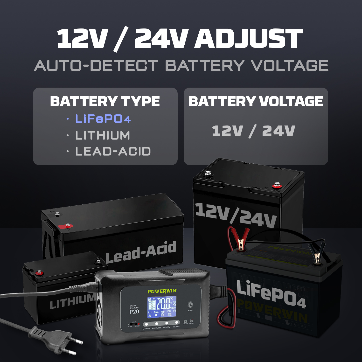 POWERWIN Smart Battery Charger designed for 12V and 24V LiFePO4 batteries, featuring LED indicators and a compact design.