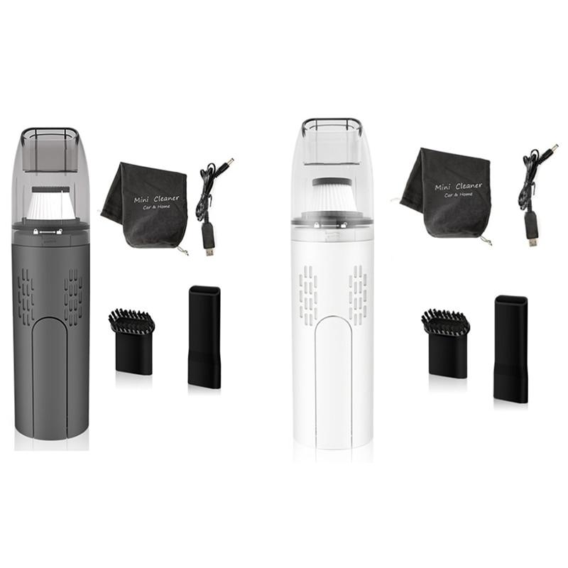 Rechargeable Wireless Handheld Car Vacuum Cleaner in gray and white, showcasing its sleek design and included accessories.