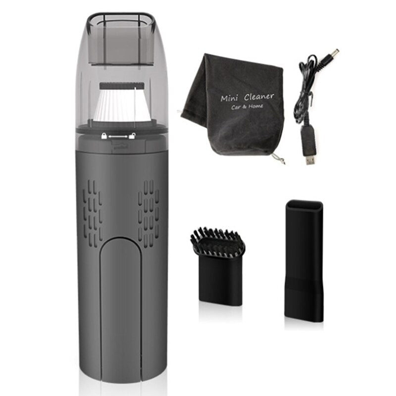 Rechargeable Wireless Handheld Car Vacuum Cleaner in gray and white, showcasing its sleek design and included accessories.