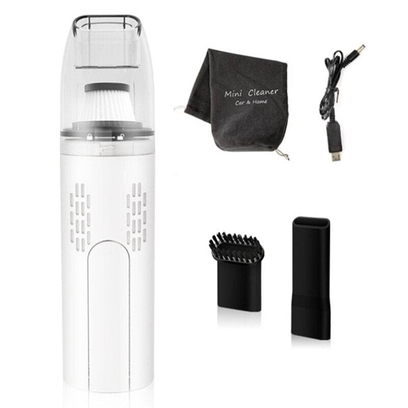 Rechargeable Wireless Handheld Car Vacuum Cleaner in gray and white, showcasing its sleek design and included accessories.