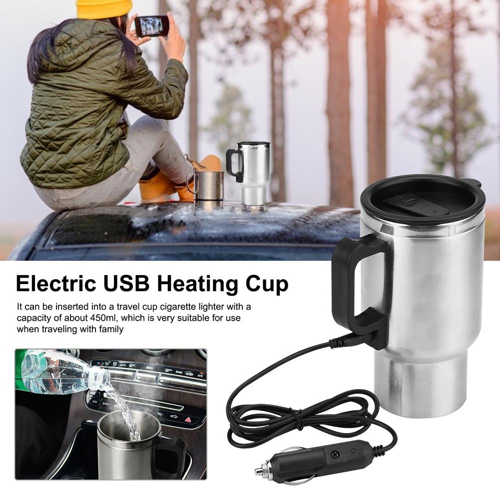 Stainless Steel Vehicle Heating Cup Electric Car Kettle with a sleek design, showcasing its stainless steel body and silicone lid.
