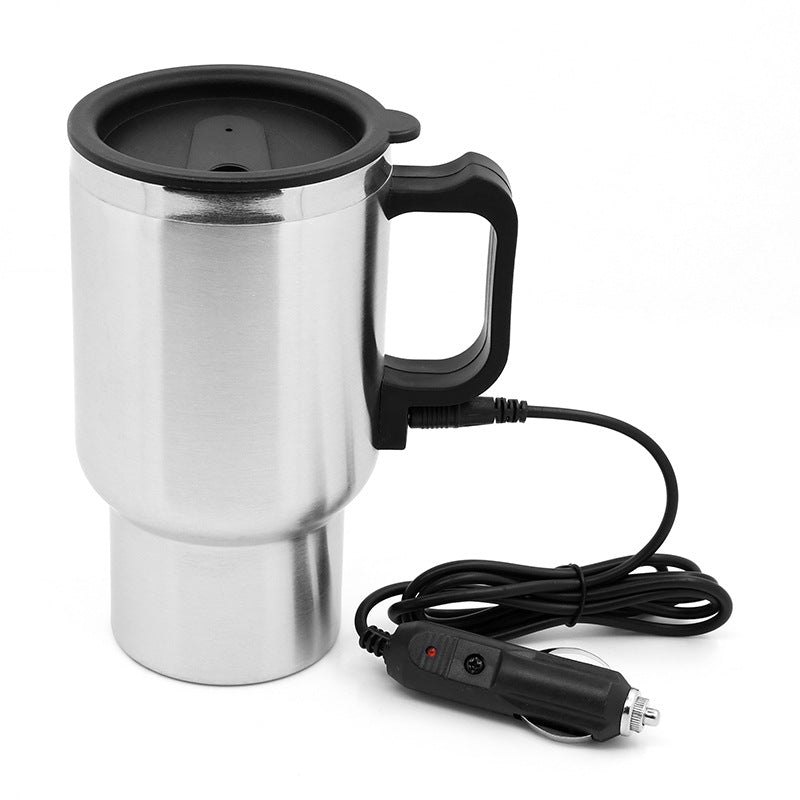 Stainless Steel Vehicle Heating Cup Electric Car Kettle with a sleek design, showcasing its stainless steel body and silicone lid.