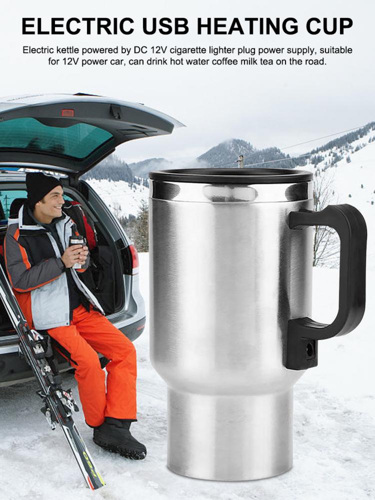Stainless Steel Vehicle Heating Cup Electric Car Kettle with a sleek design, showcasing its stainless steel body and silicone lid.