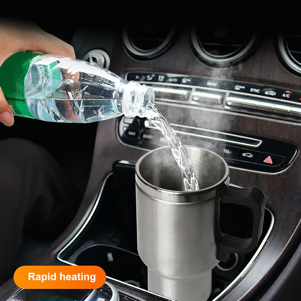 Stainless Steel Vehicle Heating Cup Electric Car Kettle with a sleek design, showcasing its stainless steel body and silicone lid.