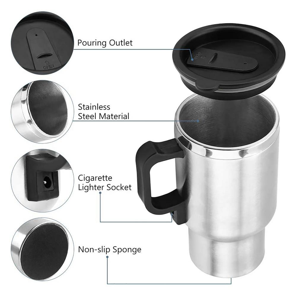 Stainless Steel Vehicle Heating Cup Electric Car Kettle with a sleek design, showcasing its stainless steel body and silicone lid.