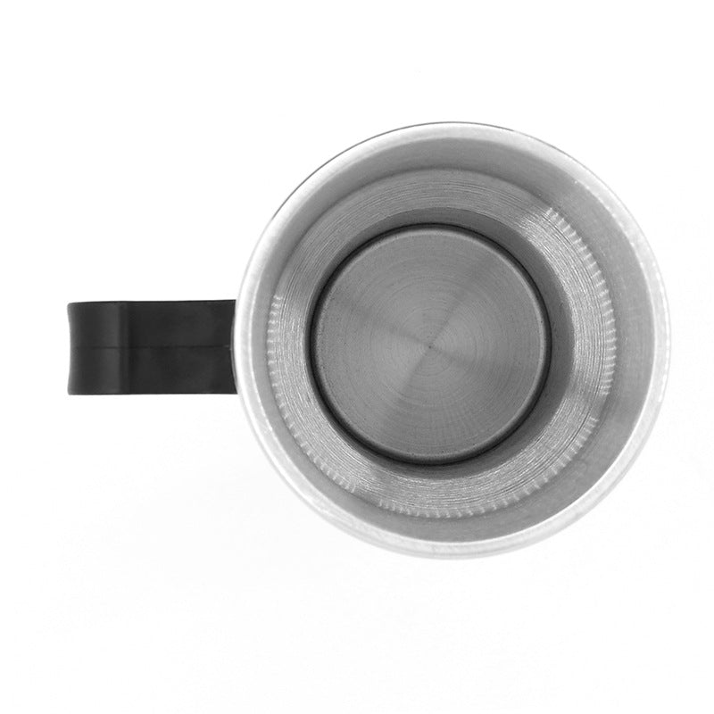 Stainless Steel Vehicle Heating Cup Electric Car Kettle with a sleek design, showcasing its stainless steel body and silicone lid.