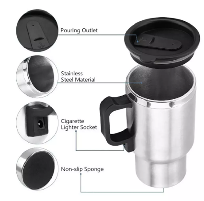 Stainless Steel Vehicle Heating Cup Electric Car Kettle with a sleek design, showcasing its stainless steel body and silicone lid.