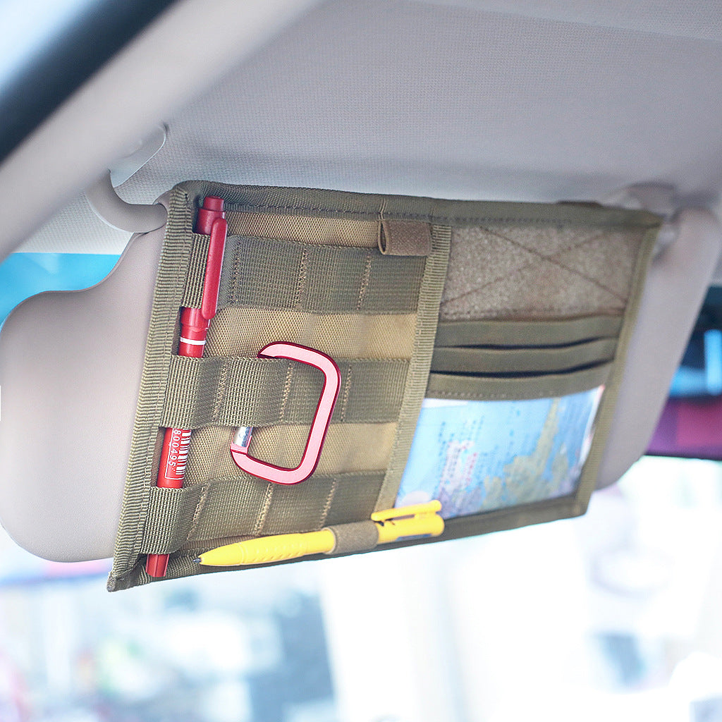 Tactical Vehicle Sun Visor Organizer Panel in khaki, showcasing its multiple storage compartments and durable design.