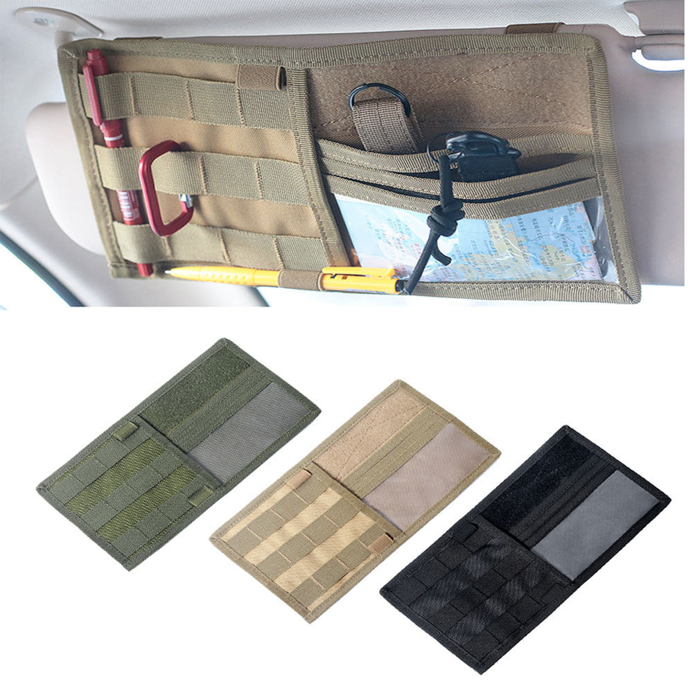 Tactical Vehicle Sun Visor Organizer Panel in khaki, showcasing its multiple storage compartments and durable design.