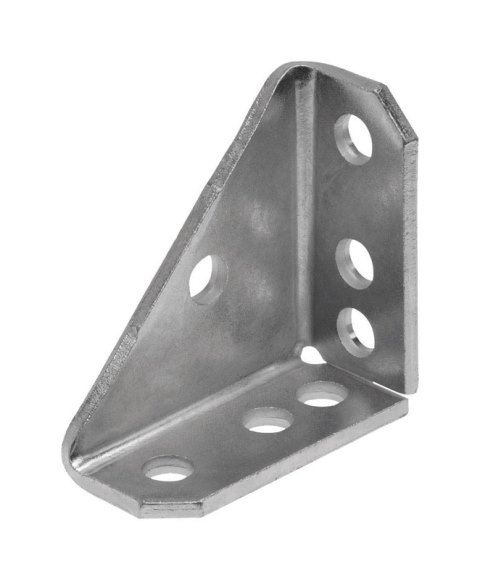 Metal L-shaped bracket with holes.