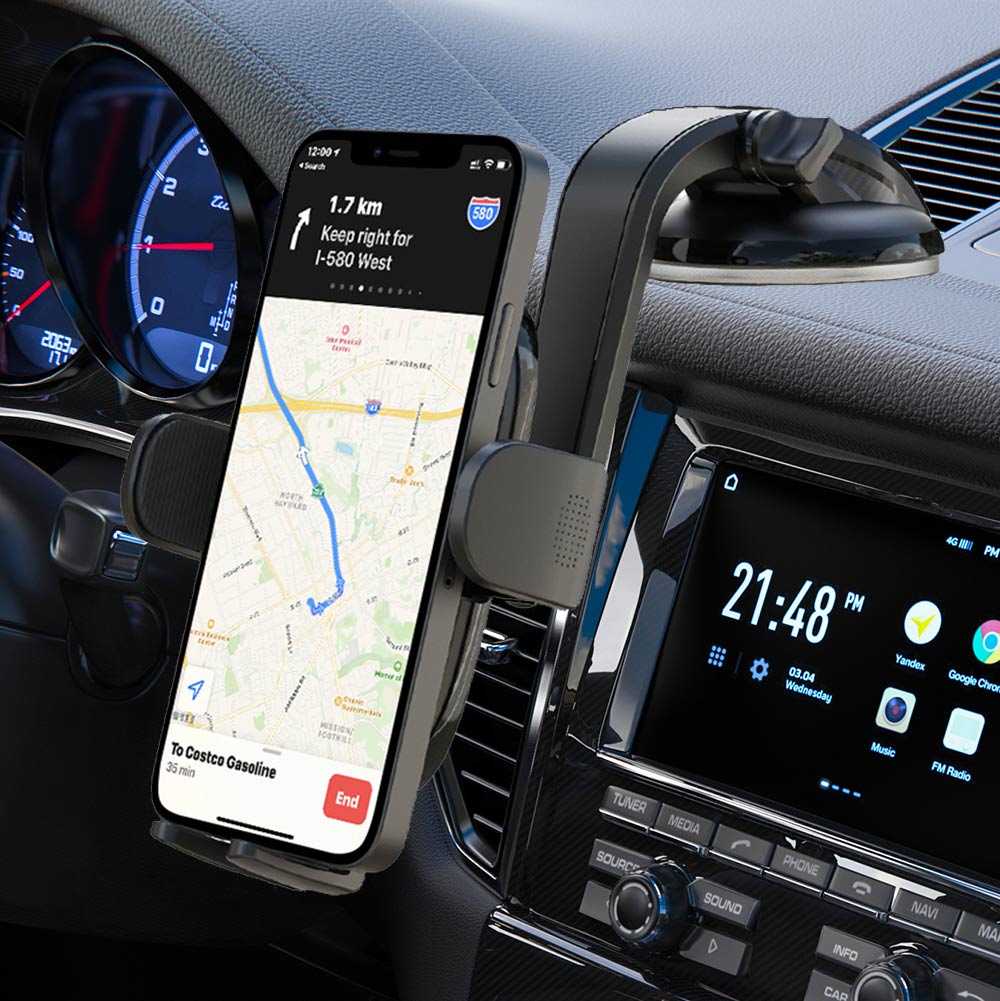 Universal Suction Phone Car Mount securely holding a smartphone on a dashboard with a sleek design.