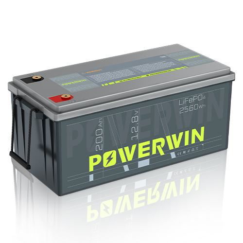 US POWERWIN BT200 12.8V 200Ah LiFePO4 Battery with built-in BMS, showcasing its compact design and specifications.