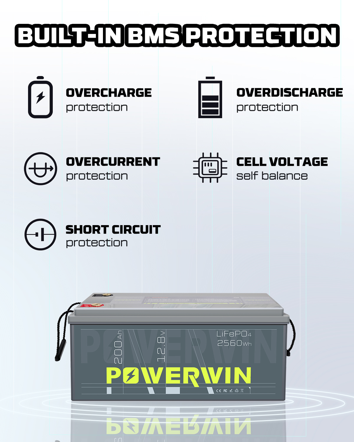 US POWERWIN BT200 12.8V 200Ah LiFePO4 Battery with built-in BMS, showcasing its compact design and specifications.