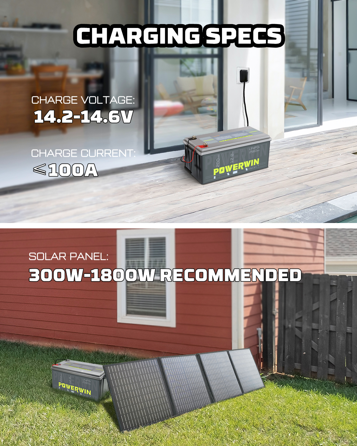 US POWERWIN BT200 12.8V 200Ah LiFePO4 Battery with built-in BMS, showcasing its compact design and specifications.