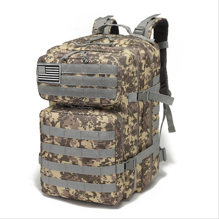Army Military Tactical Backpack in camouflage pattern, showcasing durable Oxford material and multiple pockets for organization.