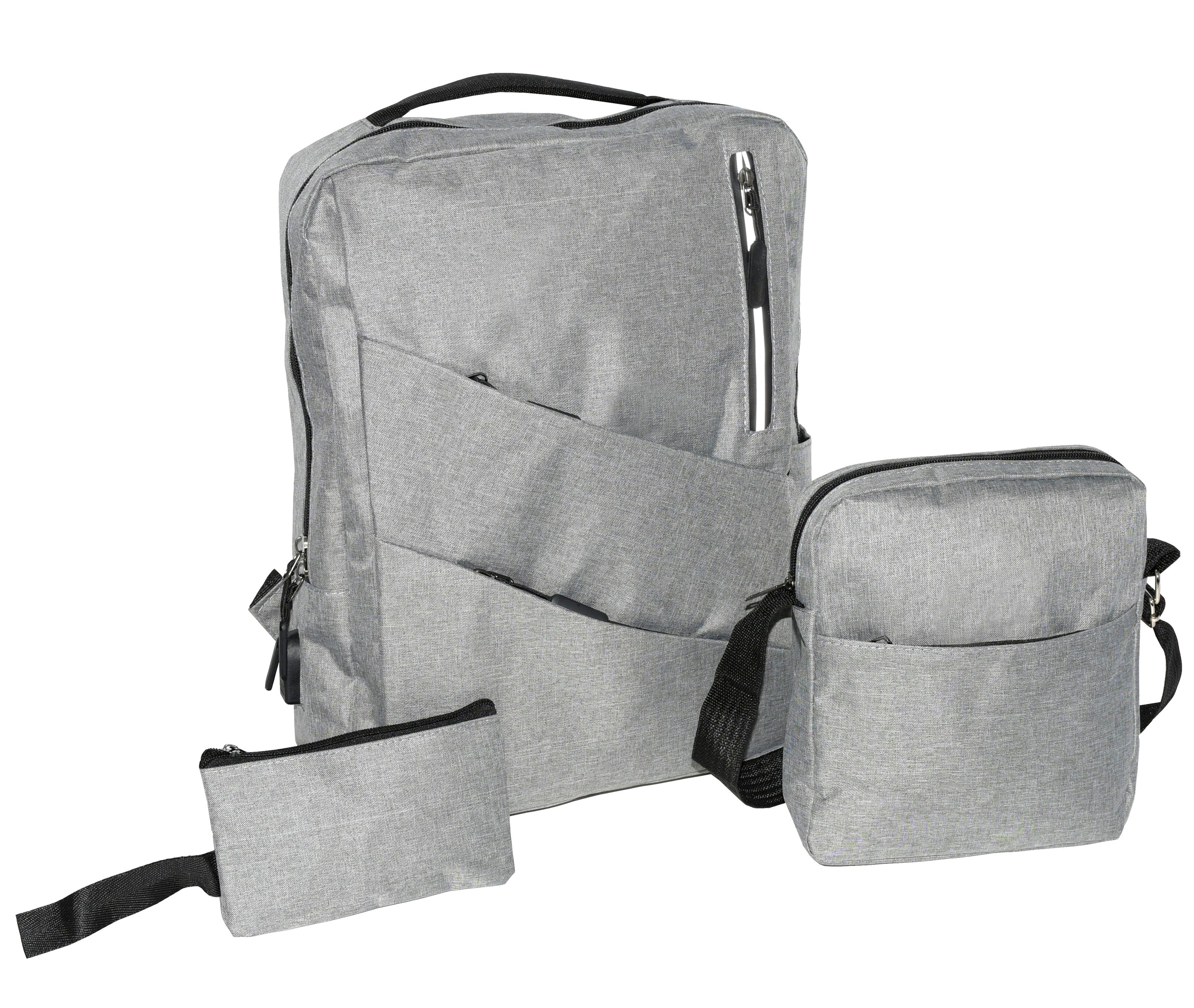 Club Rochelier 3 Piece Backpack Set featuring a backpack, shoulder bag, and zippered pouch in a stylish design.