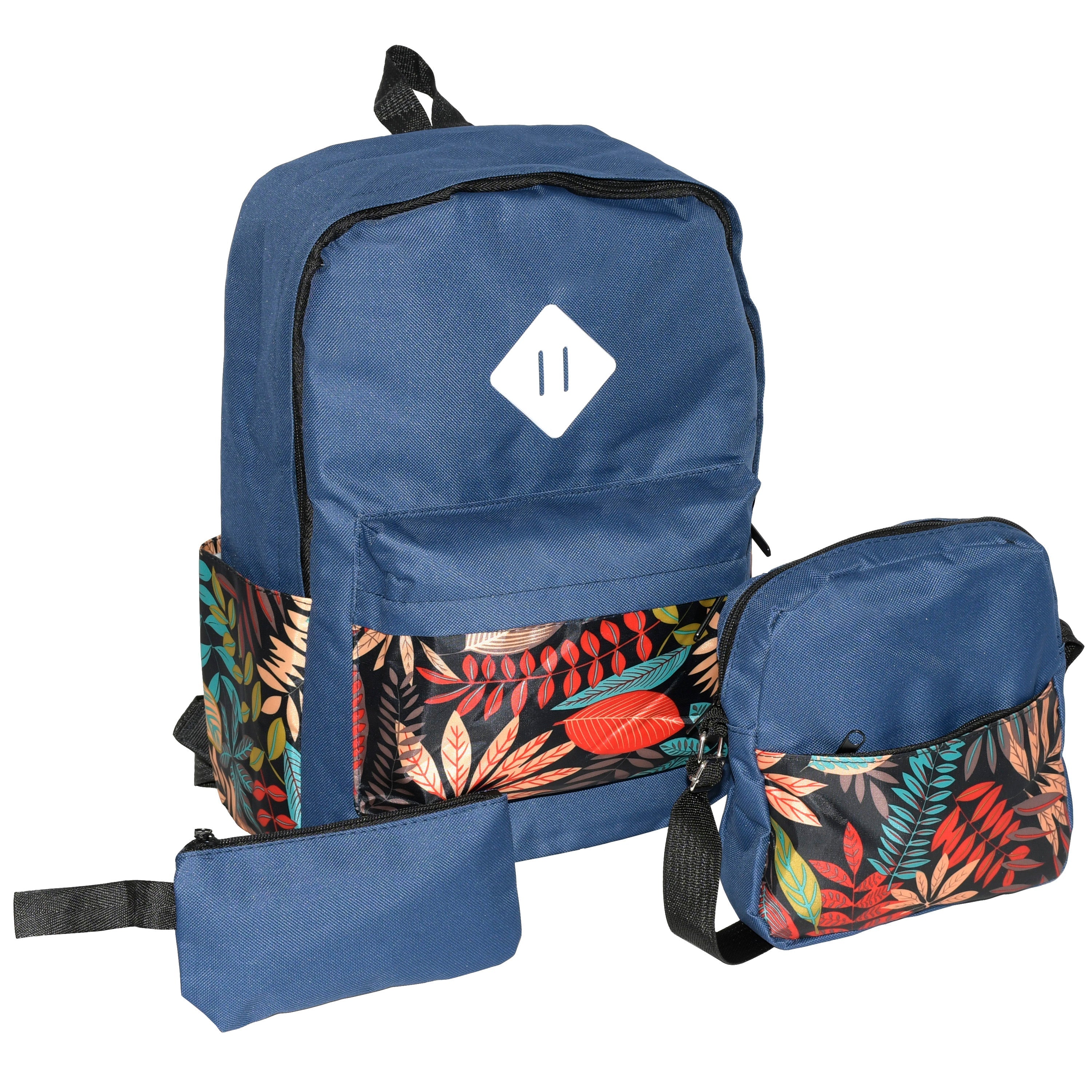 A stylish floral print 3 piece backpack set including a backpack, shoulder bag, and zippered pouch, showcasing vibrant colors and practical design.