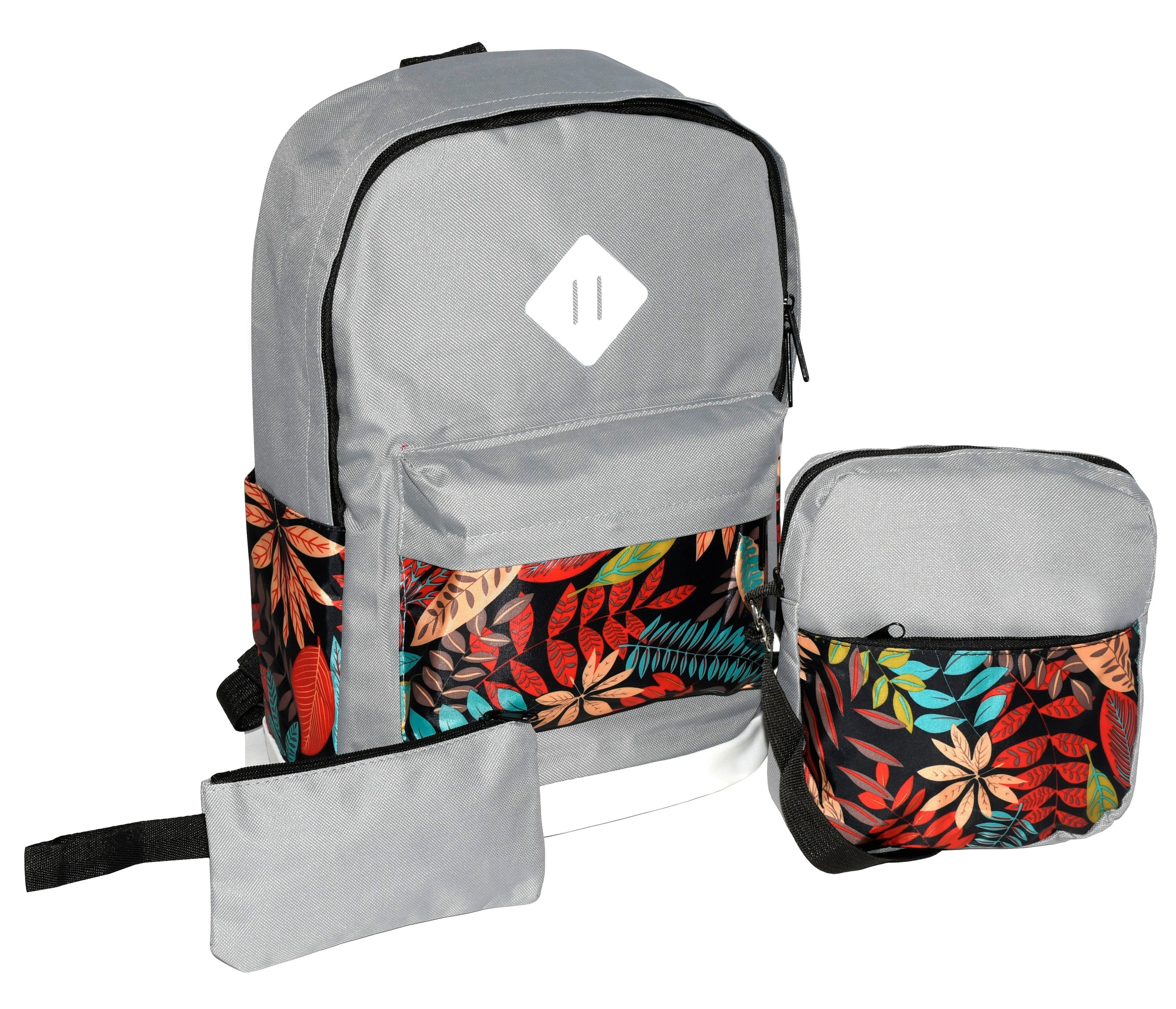 A stylish floral print 3 piece backpack set including a backpack, shoulder bag, and zippered pouch, showcasing vibrant colors and practical design.