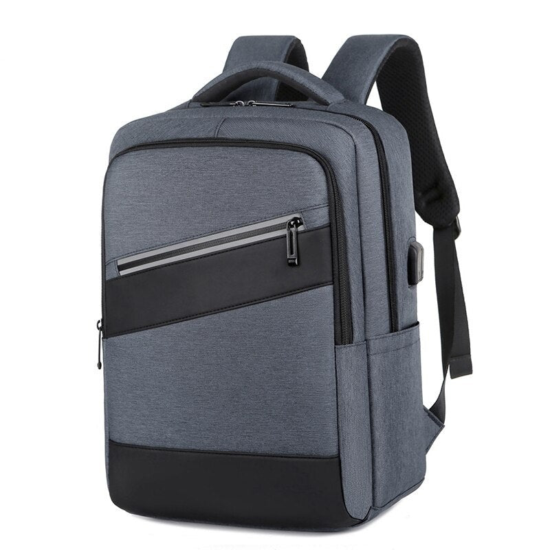 Multifunctional men's business backpack with USB charging port, featuring a stylish patchwork design and multiple interior pockets.