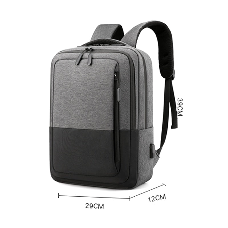 Multifunctional waterproof backpack for men with USB charging port, featuring a stylish patchwork design and multiple compartments.