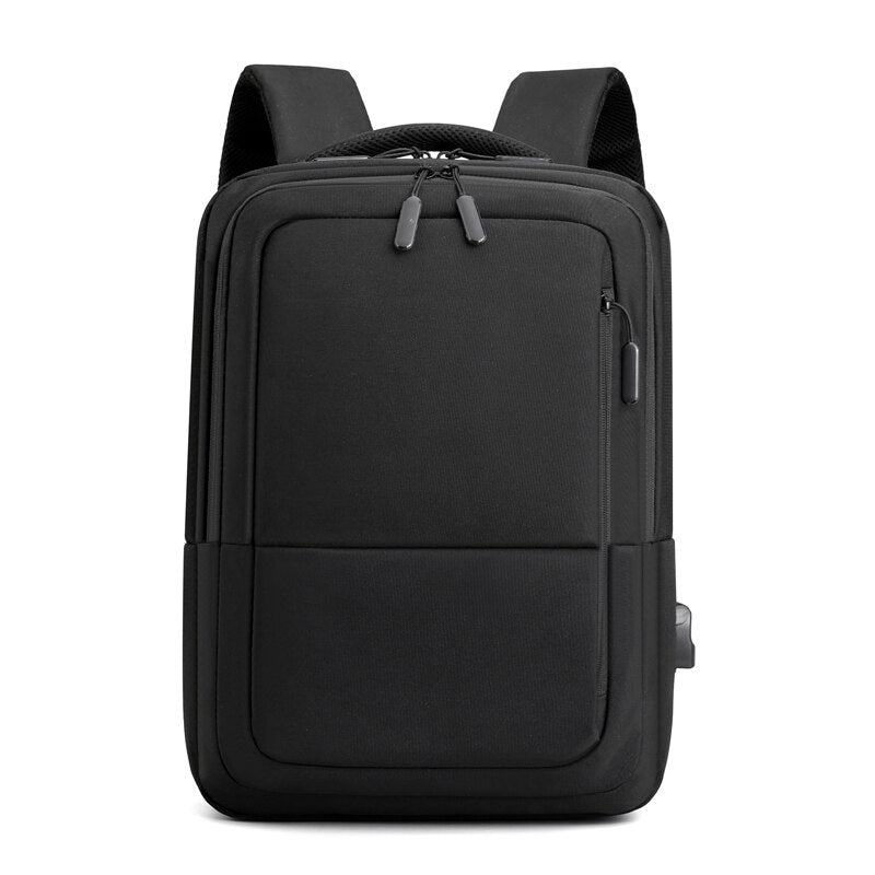 Multifunctional waterproof backpack for men with USB charging port, featuring a stylish patchwork design and multiple compartments.