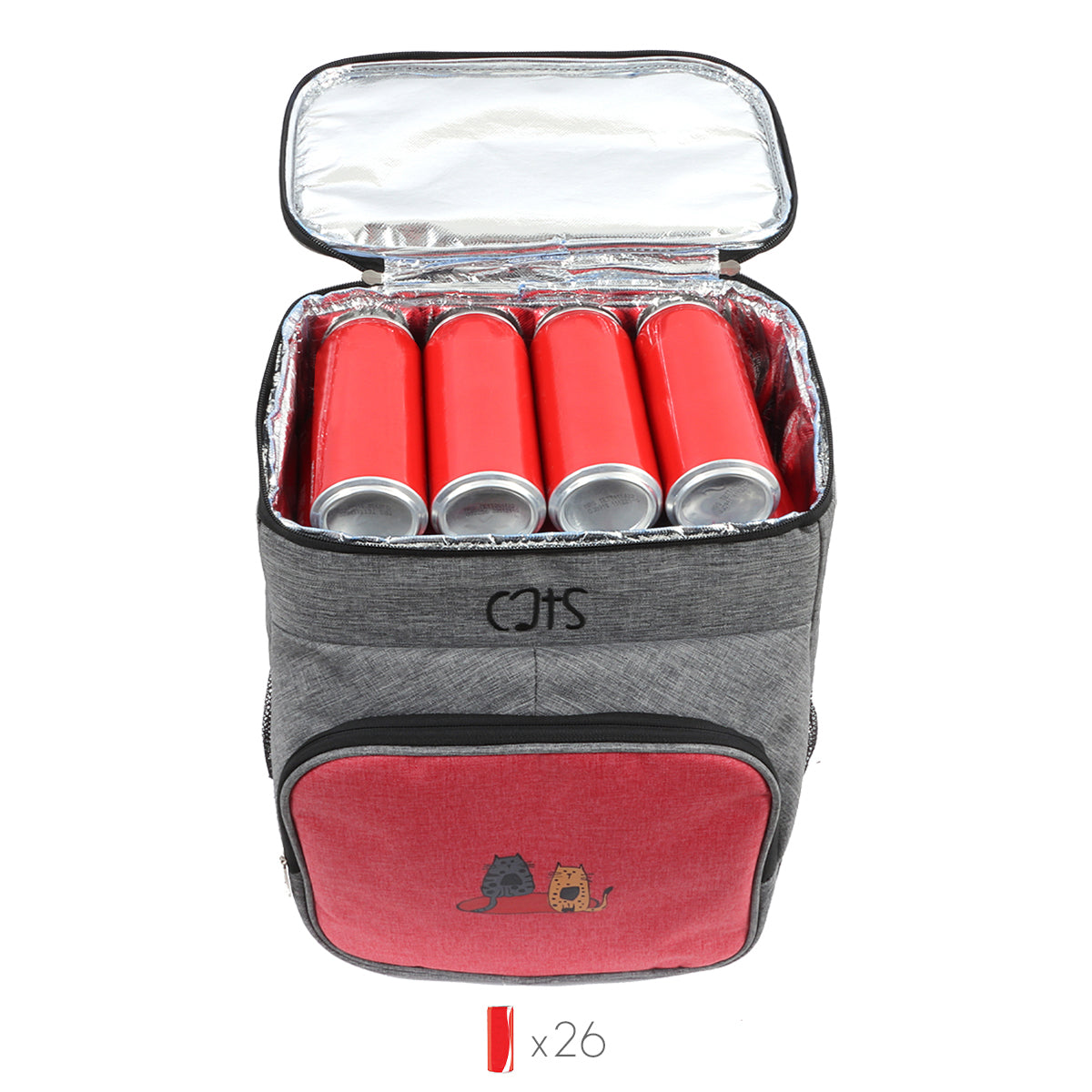 Biggdesign Cats graue Kühlrucksack mit isolierter Innenfolie und verstellbaren Schultergurten, ideal für Picknicks und Ausflüge.