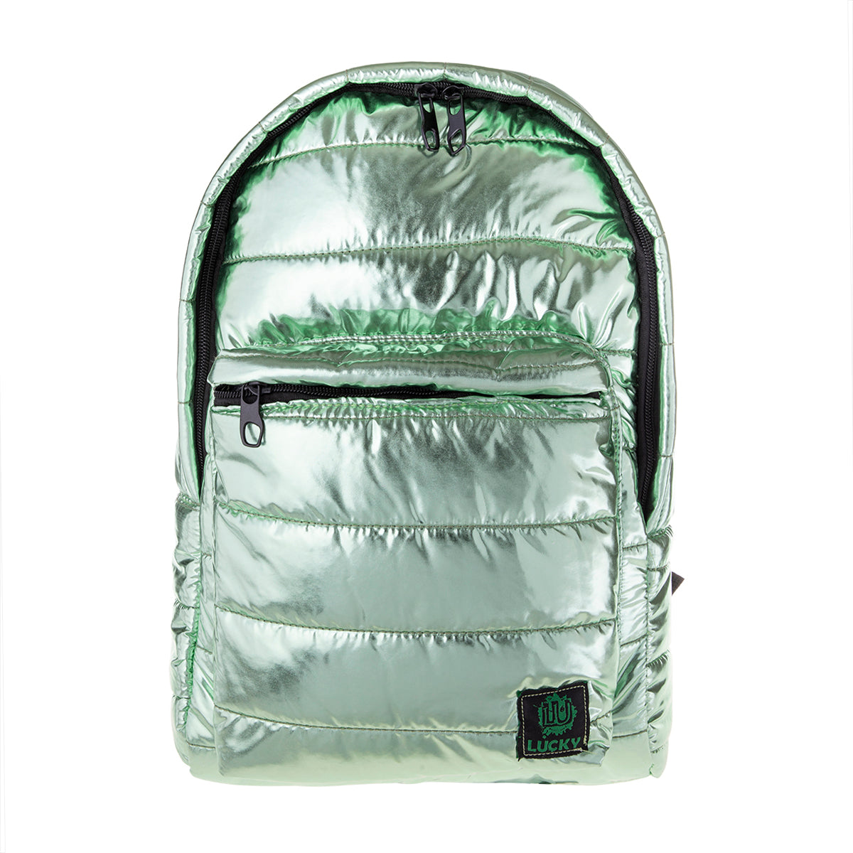 Biggdesign Moods Up Lucky Glitzer Rucksack featuring a shiny metallic design, spacious compartments, and a vibrant green color symbolizing luck.