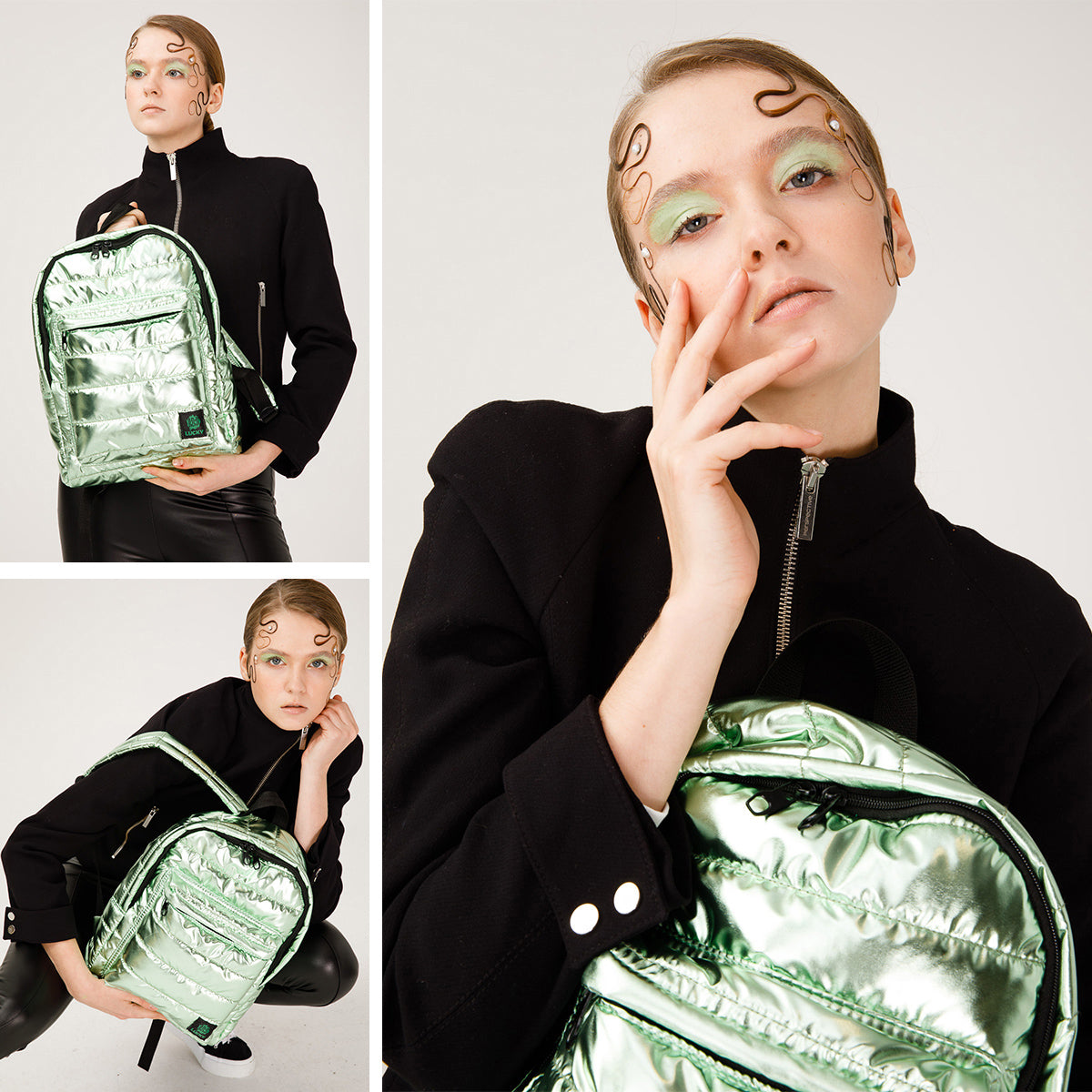 Biggdesign Moods Up Lucky Glitzer Rucksack featuring a shiny metallic design, spacious compartments, and a vibrant green color symbolizing luck.