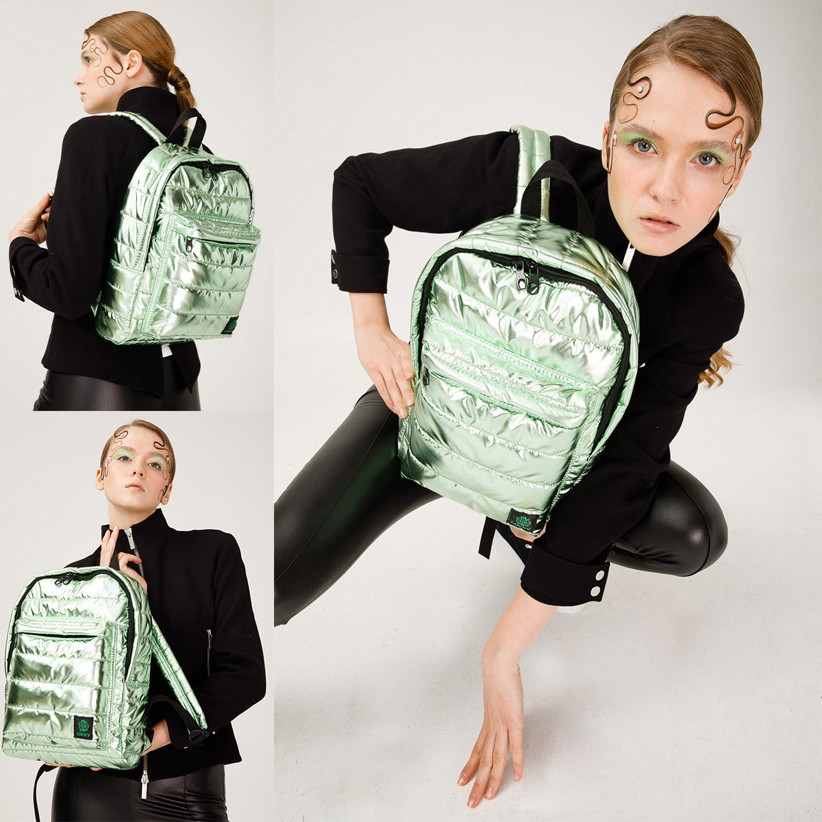 Biggdesign Moods Up Lucky Glitzer Rucksack featuring a shiny metallic design, spacious compartments, and a vibrant green color symbolizing luck.