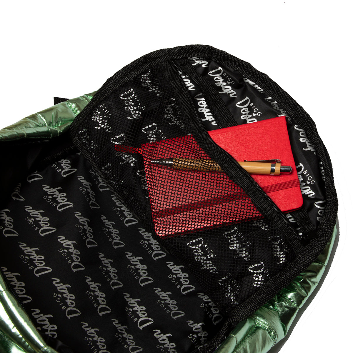 Biggdesign Moods Up Lucky Glitzer Rucksack featuring a shiny metallic design, spacious compartments, and a vibrant green color symbolizing luck.