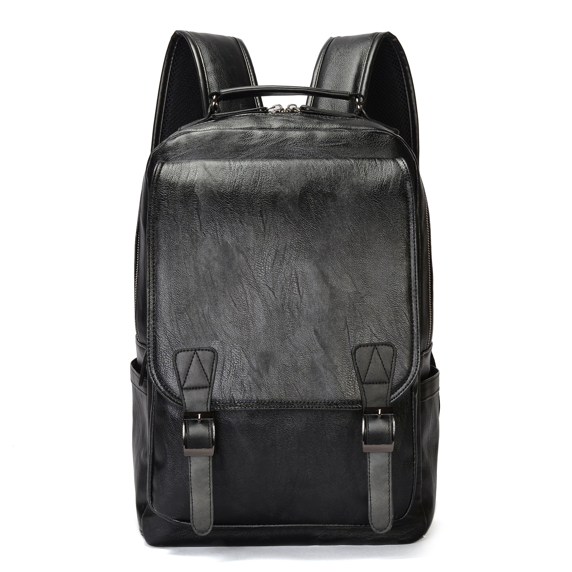 Black PU leather large-capacity backpack with multiple pockets and double straps, showcasing its sleek design and functionality.