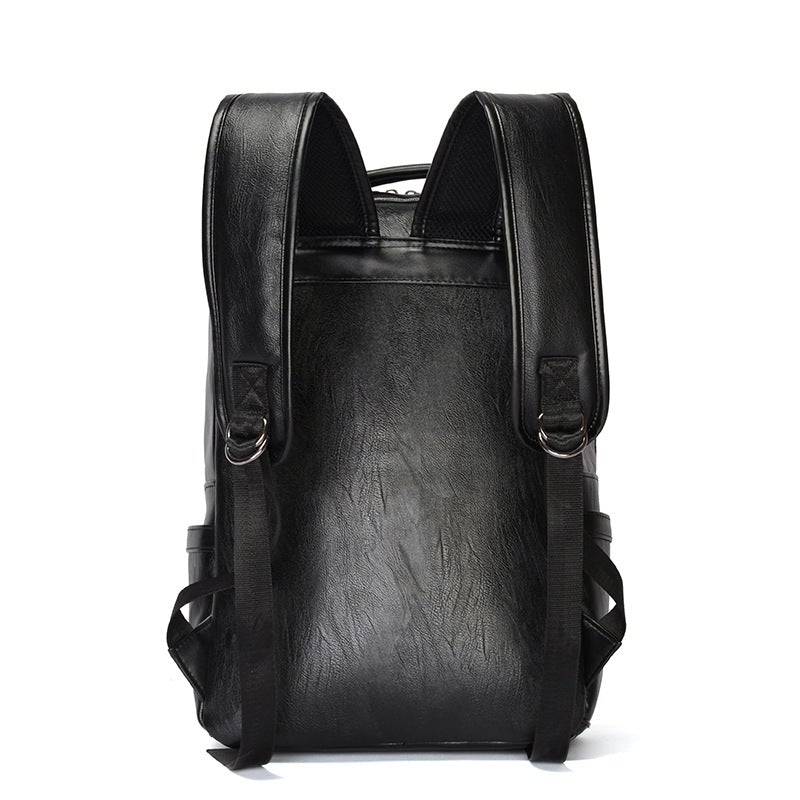 Black PU leather large-capacity backpack with multiple pockets and double straps, showcasing its sleek design and functionality.