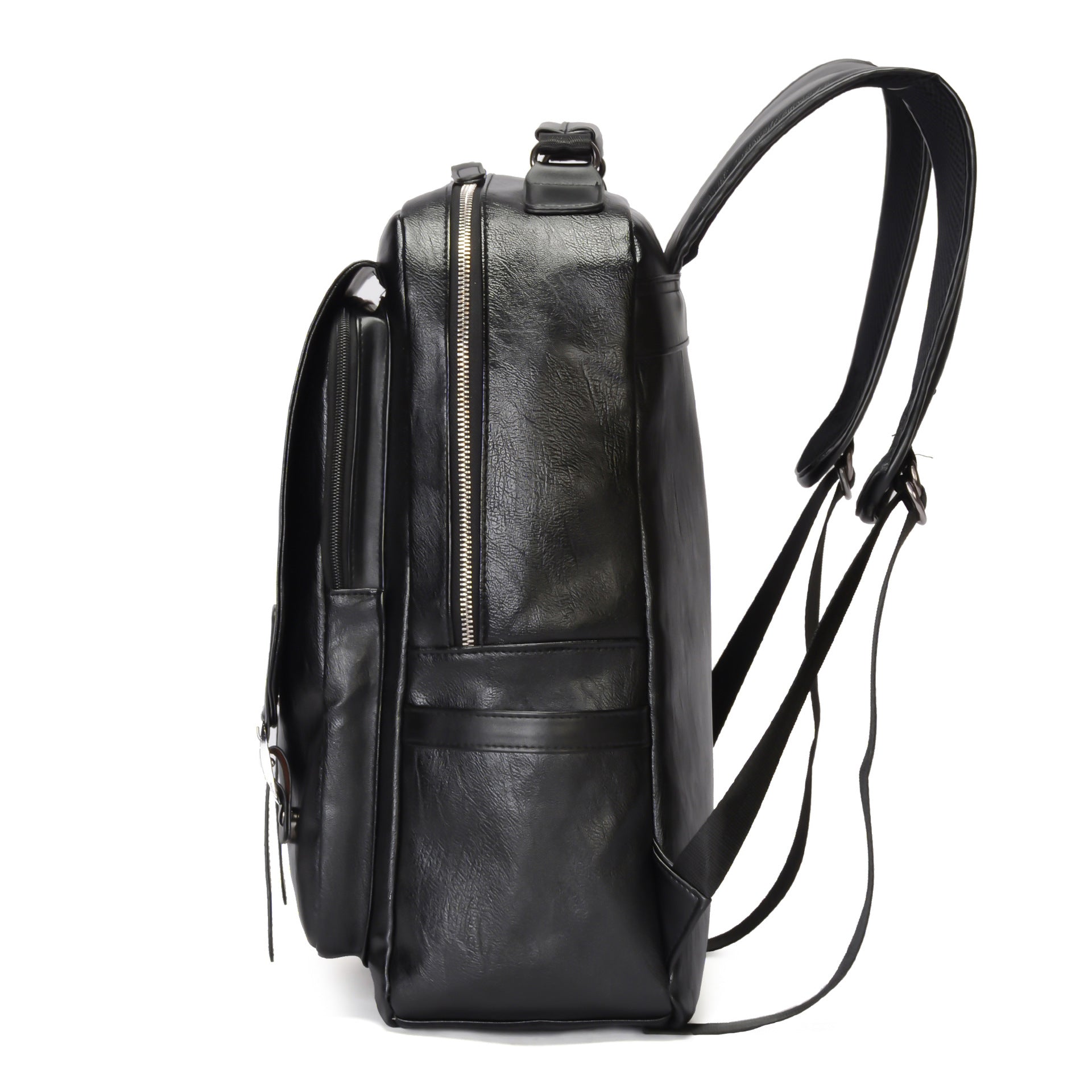 Black PU leather large-capacity backpack with multiple pockets and double straps, showcasing its sleek design and functionality.