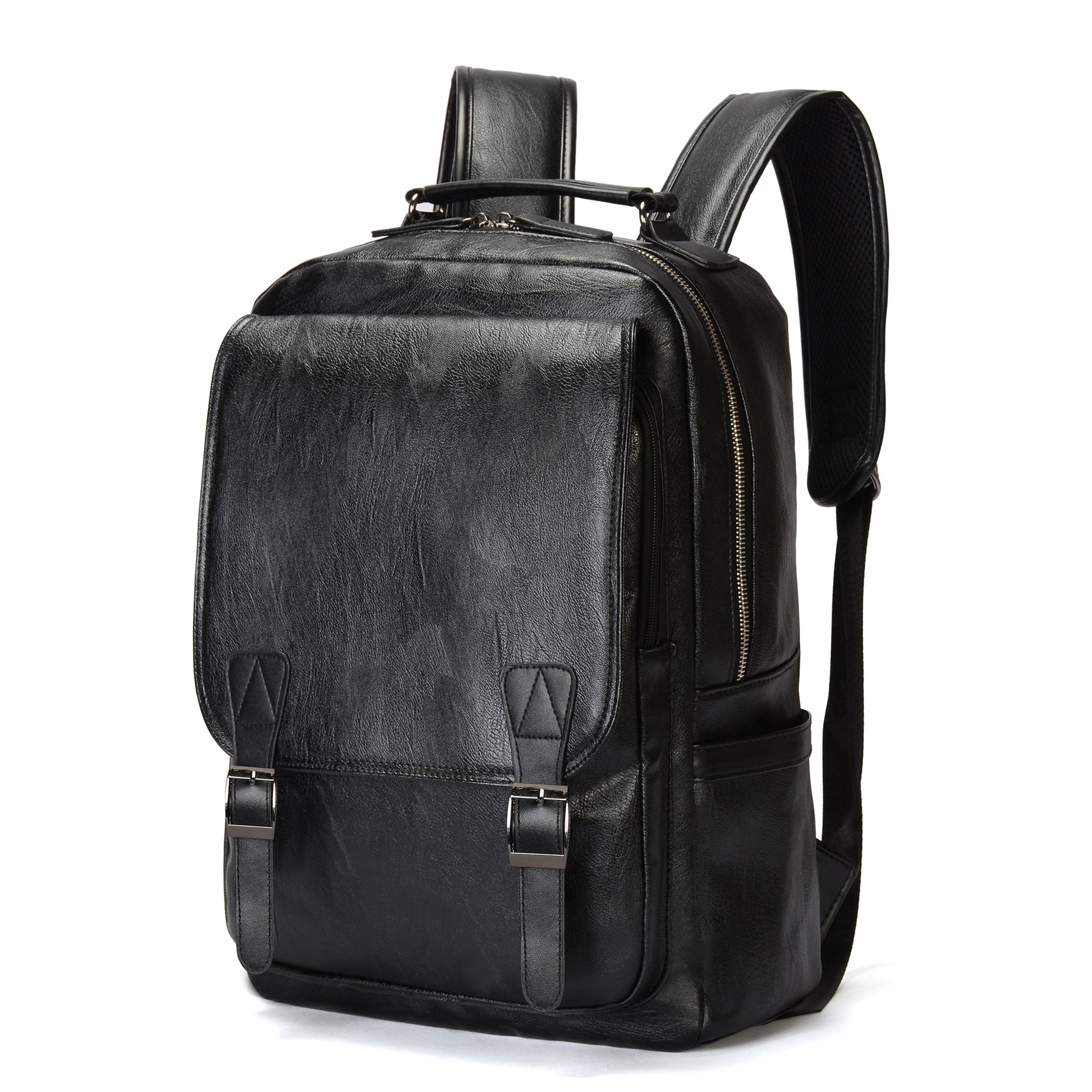 Black PU leather large-capacity backpack with multiple pockets and double straps, showcasing its sleek design and functionality.