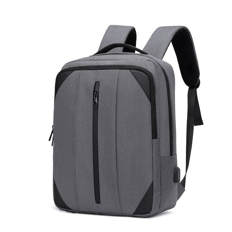 Business backpack for males made of nylon with USB charging port, featuring multiple compartments and S-shaped shoulder straps.