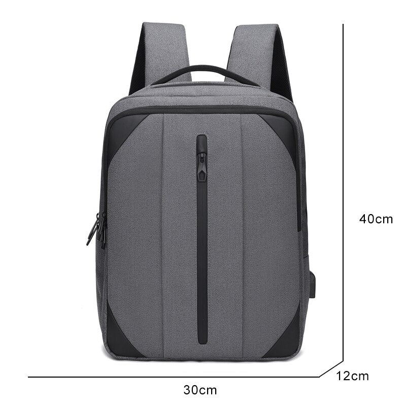 Business backpack for males made of nylon with USB charging port, featuring multiple compartments and S-shaped shoulder straps.