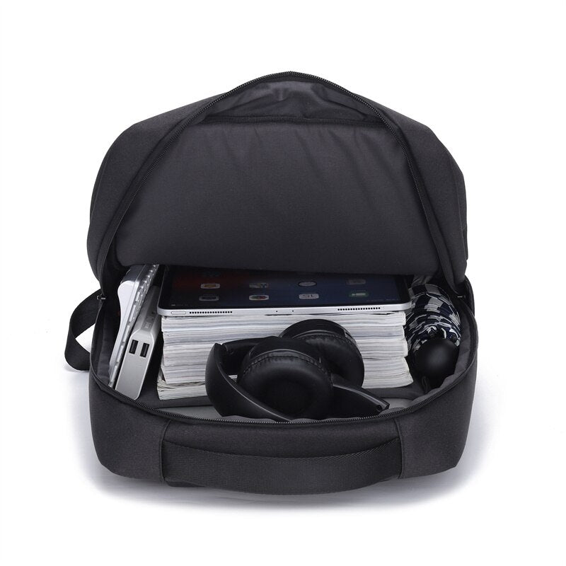 Business backpack for males made of nylon with USB charging port, featuring multiple compartments and S-shaped shoulder straps.