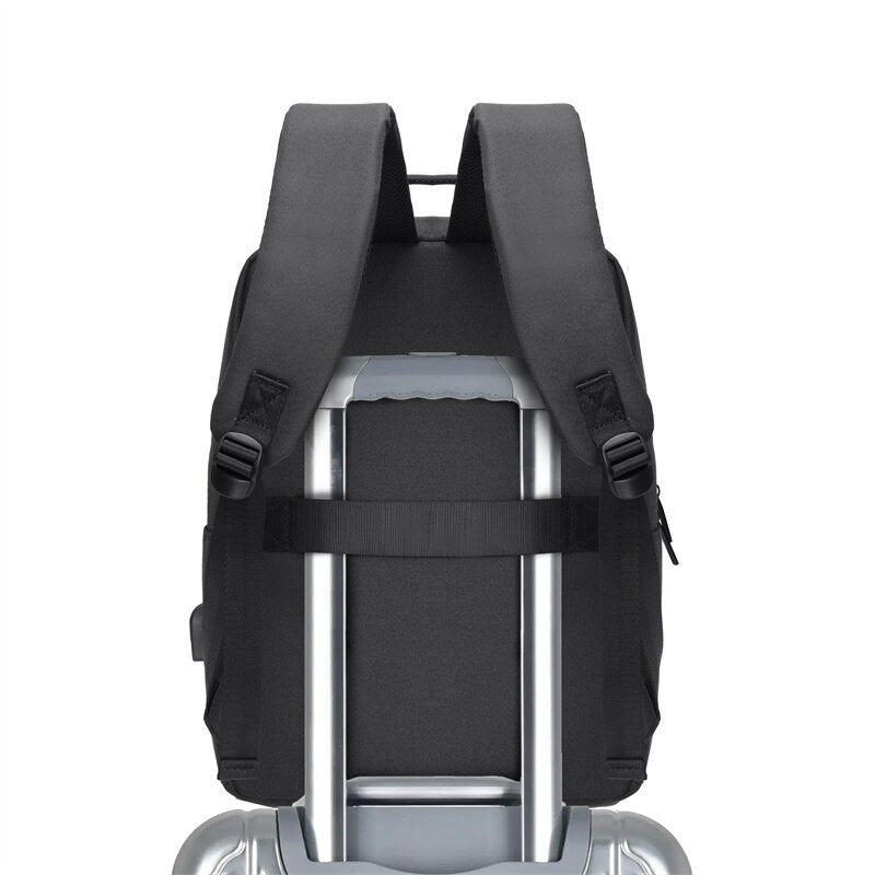 Business backpack for males made of nylon with USB charging port, featuring multiple compartments and S-shaped shoulder straps.