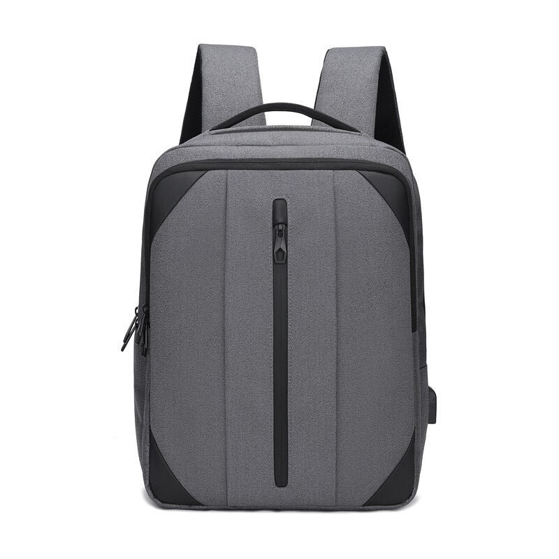 Business backpack for males made of nylon with USB charging port, featuring multiple compartments and S-shaped shoulder straps.