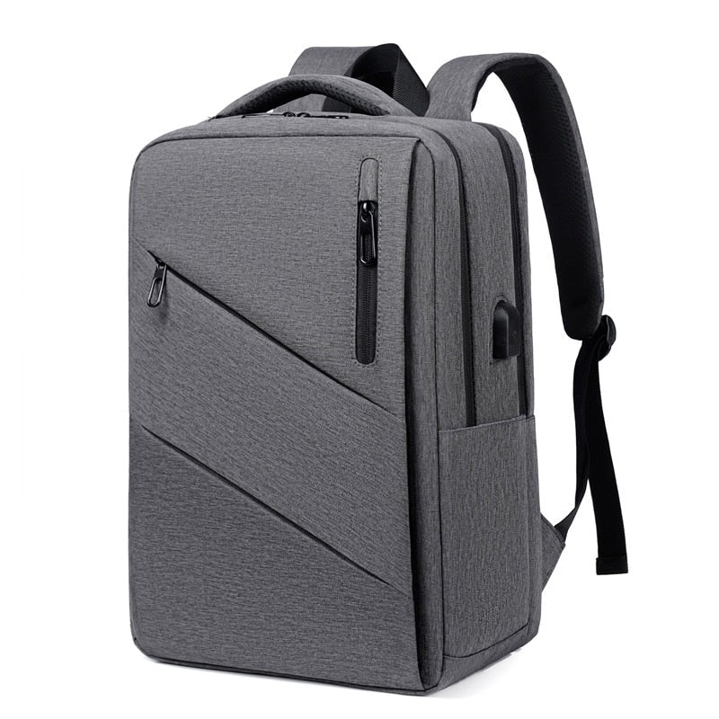 A stylish and multifunctional business backpack for men, featuring waterproof Oxford material, USB charging port, and multiple interior pockets.