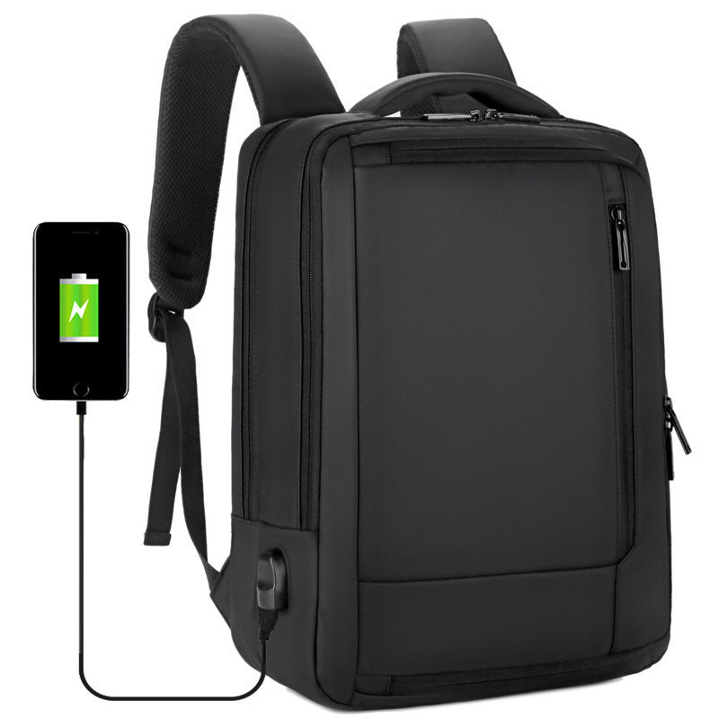 Business Travel Laptop Backpack with USB charging port, featuring a sleek nylon design and spacious compartments for organization.